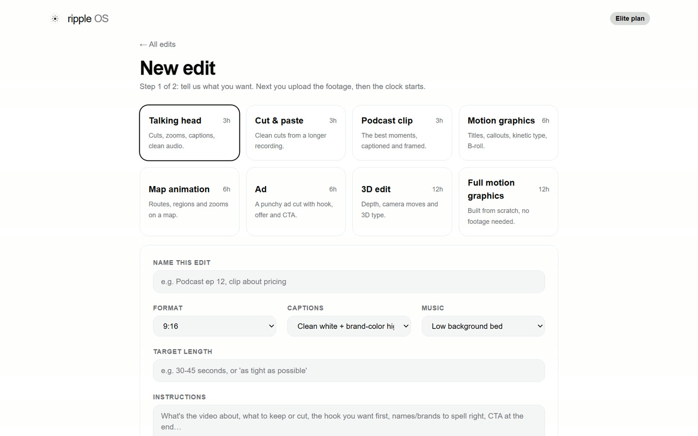 Ripple OS: choose an edit type for a new edit