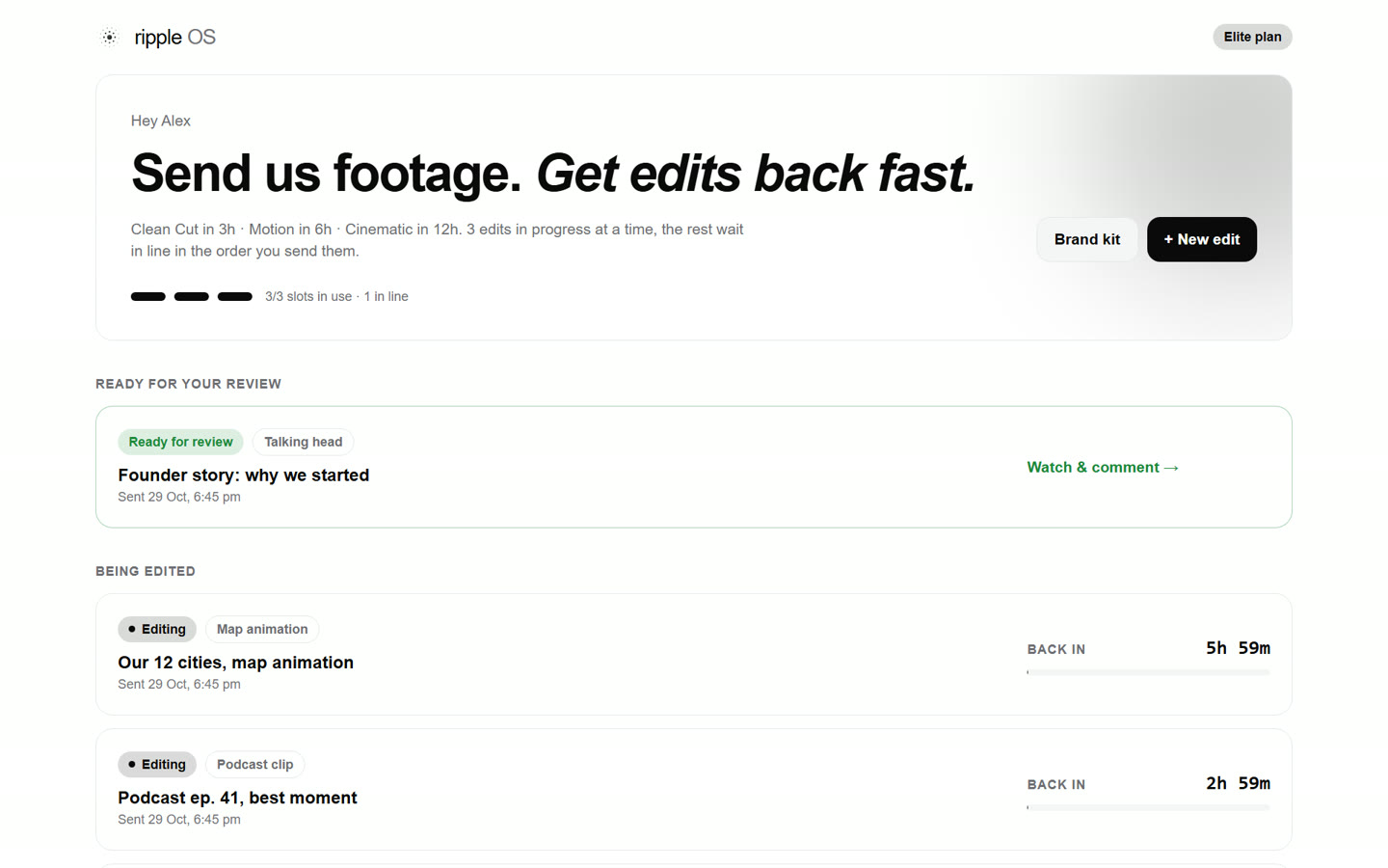 Ripple OS: edits in progress with live clocks
